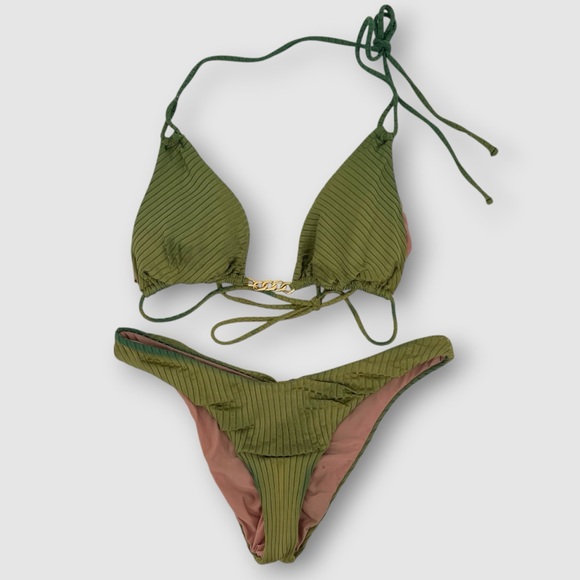 PQ Swim Other - PQ Swim Ribbed Triangle Bikini Set Olive Green Gold Chain Detail Large